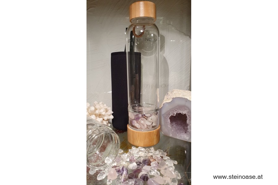 Glasflasche mit Amethyst + Rosenquarz + Bergkristall